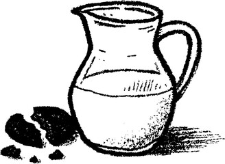 Fototapete - Rustic sketch of milk pitcher and broken biscuit on textured background