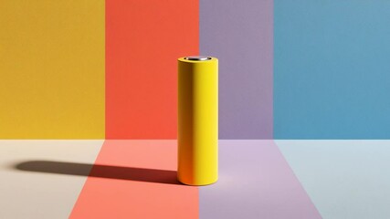 Poster - Bright Yellow Cylinder on Colorful Background with Geometric Shapes and Shadows