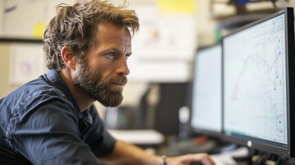 Poster - Focused man working intently at computer screens in an office environment during the day