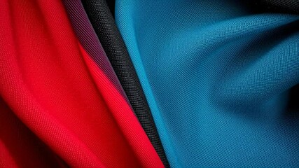 Poster - Vibrant Textures of Red, Black, Blue, and Gray Fabric Drapery in Detailed Close-Up View