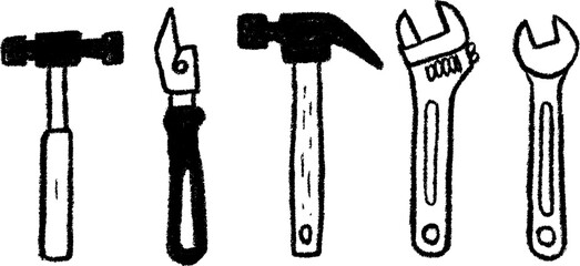 Fototapete - Hand drawn sketch of toy tools set with hammer for creative design or play