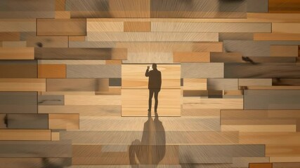 Poster - Person Silhouette Against Wooden Background in Artistic Modern Design with Textures and Shadows