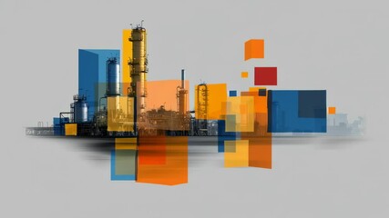 Poster - Industrial facility with colorful geometric overlay showcasing modern manufacturing processes