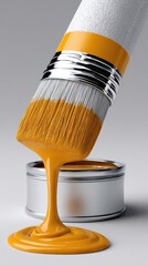 Poster - An artist skillfully pours bright orange paint from a brush onto a canvas, with an elegant blend of gray and white behind it