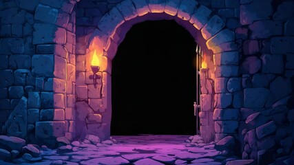Poster - A gate in a stone wall with a light at the end, suitable for use as an entrance or exit point in various settings