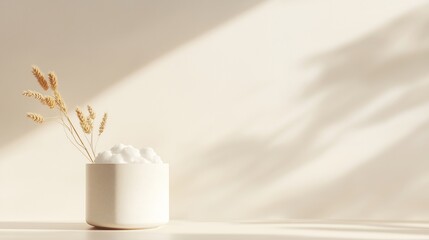 Poster - Minimalist floral arrangement in a modern pot with soft light on a neutral background creating a calm atmosphere