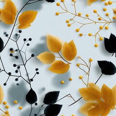 Poster - Autumn leaves and delicate berries create a picturesque vintage pattern against a soft blue backdrop, embodying seasonal charm SEAMLESS PATTERN