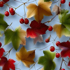 Poster - Autumn leaves and delicate berries create a picturesque vintage pattern against a soft blue backdrop, embodying seasonal charm SEAMLESS PATTERN