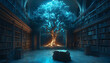 © Senaji - Glowing tree in a library, books scattered on the floor, and shelves full of books in a surreal, fantasy scene