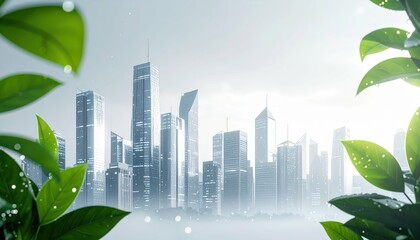 Poster - Glistening Futuristic Skyline with Water Droplets on Green Leaves
