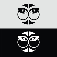Poster - Two abstract owl logos are displayed in black and white, featuring geometric designs and stylized eyes within a circular frame