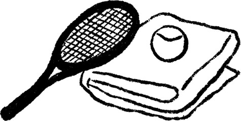 Fototapete - Crayon sketch of a tennis racket and ball on towel for sports design