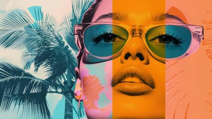 Poster - A woman wearing sunglasses relaxes near a palm tree in a sunny environment