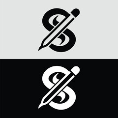 Poster - A creative abstract logo design combining a pencil with the shape of the number eight, presented in a contrasting black and white color scheme