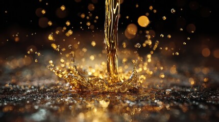 Aufkleber - Liquid gold cascades down and creates a splash with droplets against a dark background with bokeh effect for luxury or beauty concepts