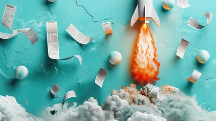 Poster - A rocket blasting off with papers and documents flying out, ideal for use in scenes about innovation, progress, and new ideas