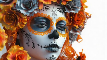 Aufkleber - A close-up shot of a person's face wearing a colorful sugar skull mask, perfect for Halloween or Dia de los Muertos-themed content