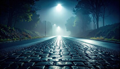 Poster - Serene Night View of a Deserted Highway with Cobblestones and Fog
