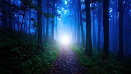 Poster - Mysterious Foggy Forest Trail with Blue Twilight Halos and Humidity