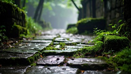 Poster - Misty Overgrown Pathway on Cobblestones in Humid Ruins