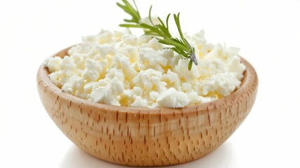 Poster - A wooden bowl filled with creamy cottage cheese and garnished with a fragrant sprig of rosemary
