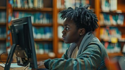 Poster - A person sitting at a computer in a quiet library setting