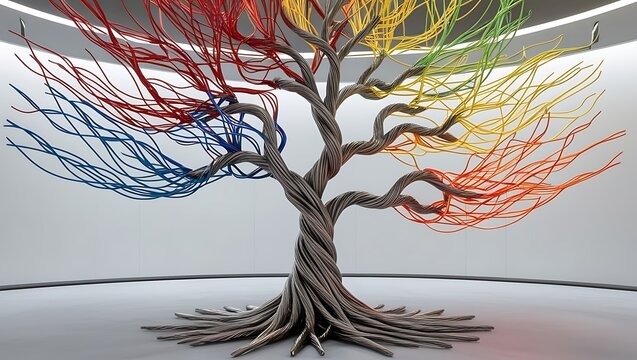 Artistic expression of colorful wire tree sculpture, symbolizing creativity and life
