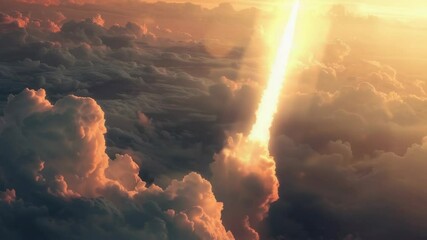 Poster - A rocket soaring through fluffy white clouds against a bright blue sky