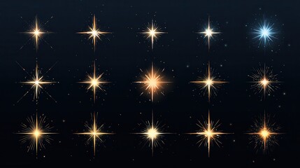 Poster - Collection of twelve shining starbursts with radiant beams on a dark blue background