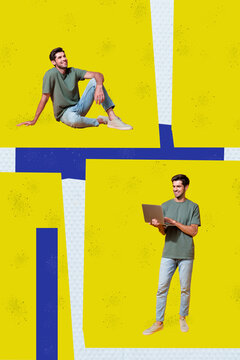 Trend template sketch design 3D photo collage of young man sit down space work remote device computer netbook technology freelance