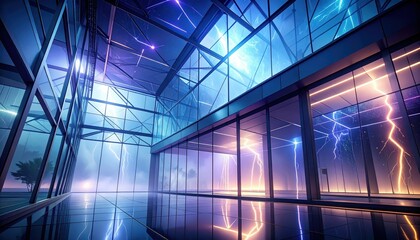 Poster - Misty Atrium with Neon Reflections and Lightning Effects