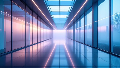 Poster - Misty Atrium with Neon Reflections and Soft Dawn Light in Glass