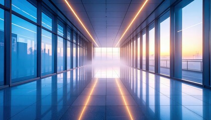 Poster - Misty Dawn Light in Glass Atrium with Neon Reflections