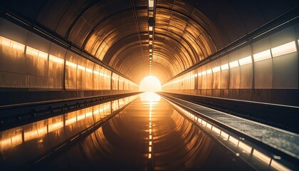 Poster - Mystical Golden Hour Glow in Reflective Metro Tunnel with Puddles