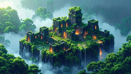 Poster - Mystical Misty Ruins Surrounded by Lush Greenery and Rain Effects