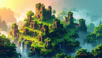 Poster - Misty Overgrown Ruins Surrounded by Soft Dawn Light in Isometric View