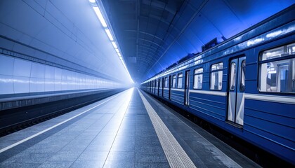 Poster - Misty Blue Subway Platform at Twilight with Atmospheric Fog