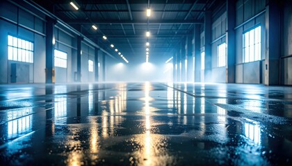 Poster - Misty Interior of Warehouse with UV Glow and Reflections on Floor