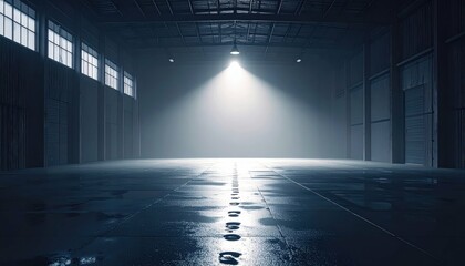 Poster - Misty Interior of Warehouse with Spotlight and Wet Footprints
