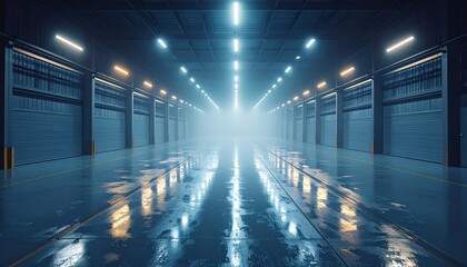 Poster - Misty Warehouse Interior with Wet Floor and Spotlight Effect