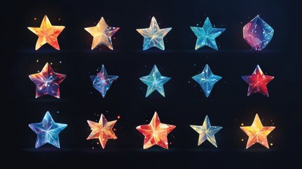 Poster - Collection of twelve shining starbursts with radiant beams on a dark blue background