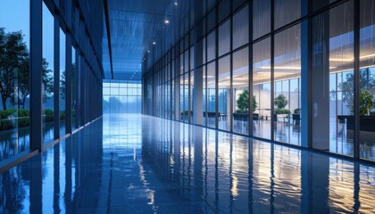 Poster - Monsoon Flooding Creates Serene Reflection in Glass Atrium at Twilight