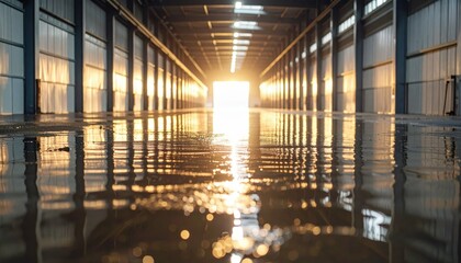 Poster - Serene Reflection of Flooded Warehouse Interior During Monsoon Evening
