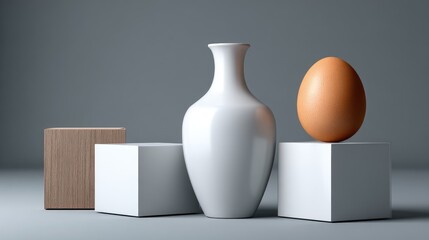 Poster - Clean and simple composition features a vase and an egg atop white plinths, enhanced by soft lighting and monochromatic tones