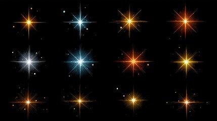Poster - Collection of twelve shining starbursts with radiant beams on a dark blue background