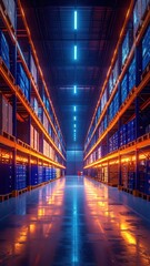 Poster - Neon Lit Warehouse with Flickering Lights and Dusty Motes