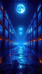 Poster - Neon Lit Warehouse with Stacked Crates Under Blue Moonlight