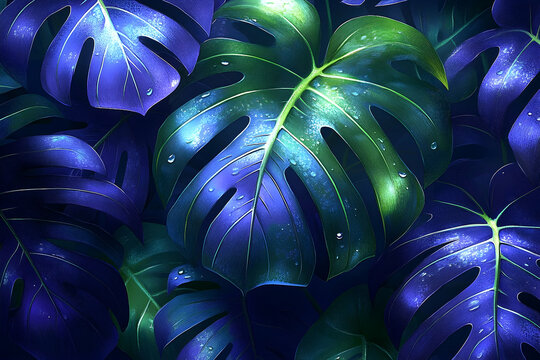 Close-up on monstera leaves, rendered in shades of blue and green, some with water droplets, for a calming effect