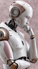 Poster - A white humanoid robot ponders thoughtfully, showcasing intricate details and a futuristic design with a pastel pink backdrop