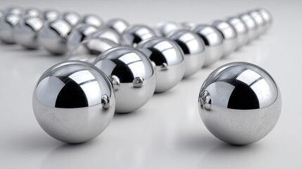 Poster - Various sizes of silver spheres cluster in the lower left corner against a white background, presenting a sleek and modern design